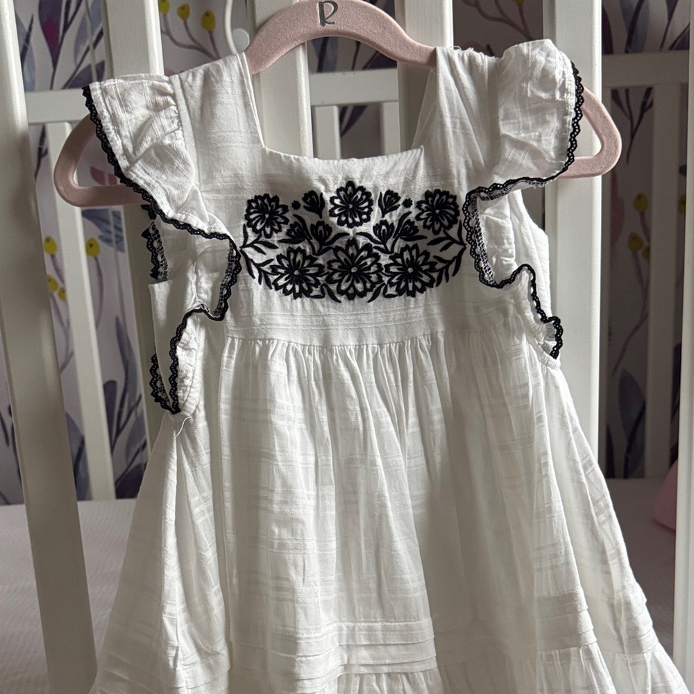 Max Studuo White Dress with Black Floral Embroidery